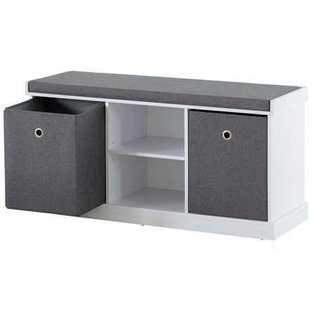Basicwise MDF Storage Box Shoe Bench with 2 Drawers, Foldable Baskets and a Gray Cushion, White QI004201.WT